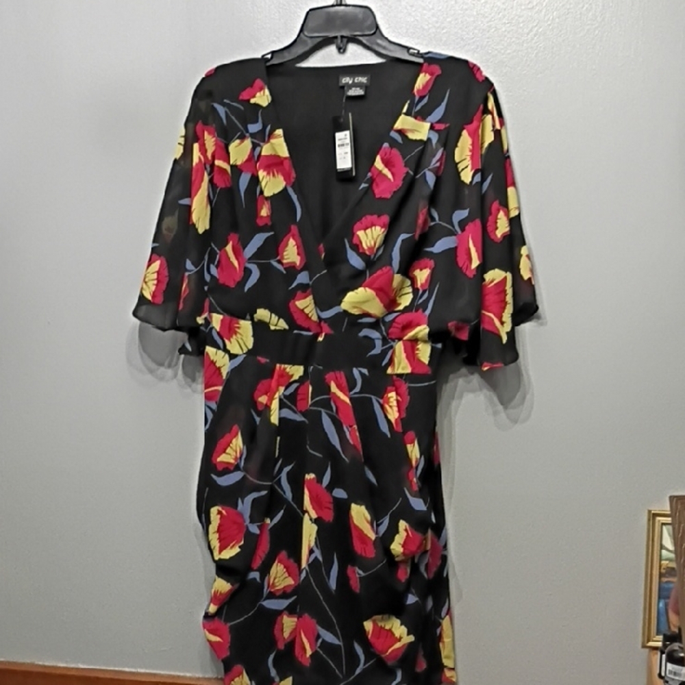 City Chic Black Midi Dress with Red and Yellow Floral Print